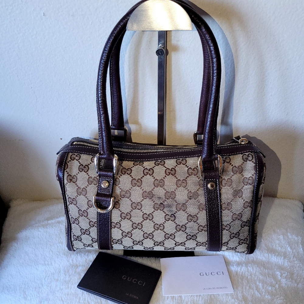 Gucci Beige Logo Canvas and Brown Leather Satchel - Picture 4 of 14